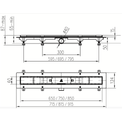 Scarico doccia LIV Telaio in plastica griglia STANDARD / CUSTOM 650 mm disegno tecnico