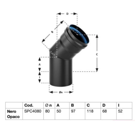 CURVA NERO OPACO PER STUFA A PELLET IN ACCIAIO SPESSORE 1,2 mm. 45° Ø80