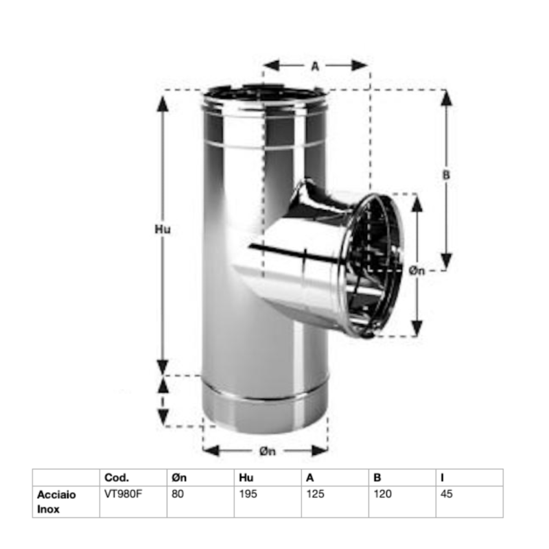 TEE  Canna Fumaria In Acciaio Inox Aisi 304 BA Spessore 0,44 mm. F/F/M . Ø80