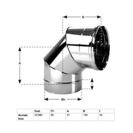 Curva Canna Fumaria In Acciaio Inox Aisi 304 BA Spessore 0,44 mm. 90°. Ø80 Conf. 4 pezzi