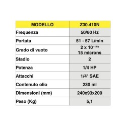 Ferrari Pompa di Vuoto Doppio Stadio High Pump 51 cod. Z30410N Dati 3